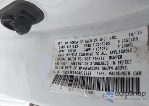 2016 Honda Accord Sport from USA, damaged, VIN 1HGCR2F58GA039989